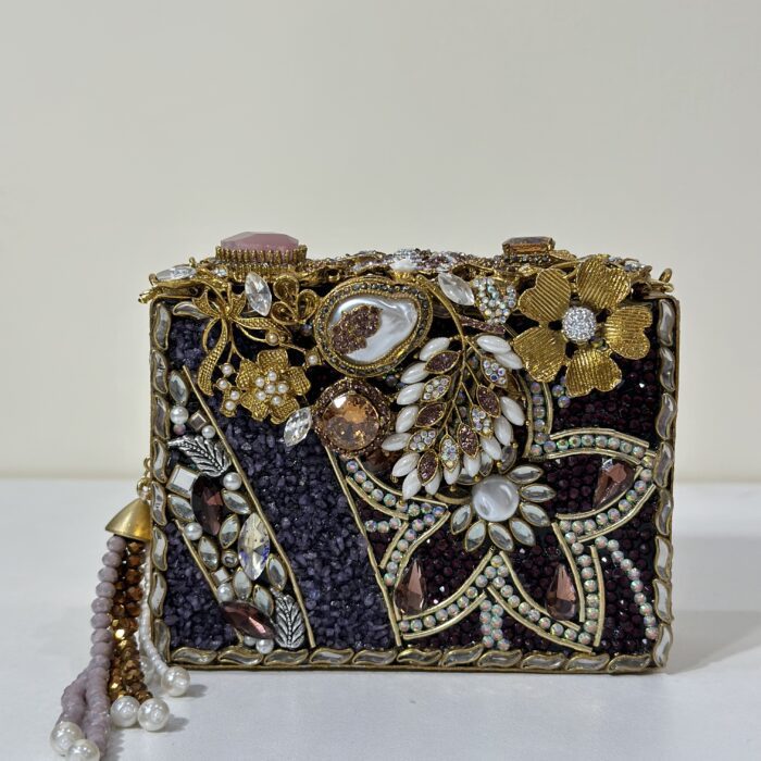 IMG_2300 Bridal Clutch, Wedding Clutch, Jeweled Box Clutch, MinaudiĆØre Bag, Handmade Clutch, Crystal Clutch, Pakistani Clutch, Indian Bridal Accessory, Gold Clutch, Purple Evening Bag, Black and Gold Purse, Formal Clutch, Party Wear Clutch, Clutch with Tassel, Beaded Purse, Zardozi Style Bag, Opulent Clutch, Luxury Gift for Her, Statement Accessory, Vintage Style Purse, Royal Design Clutch, Udyana Treasure.